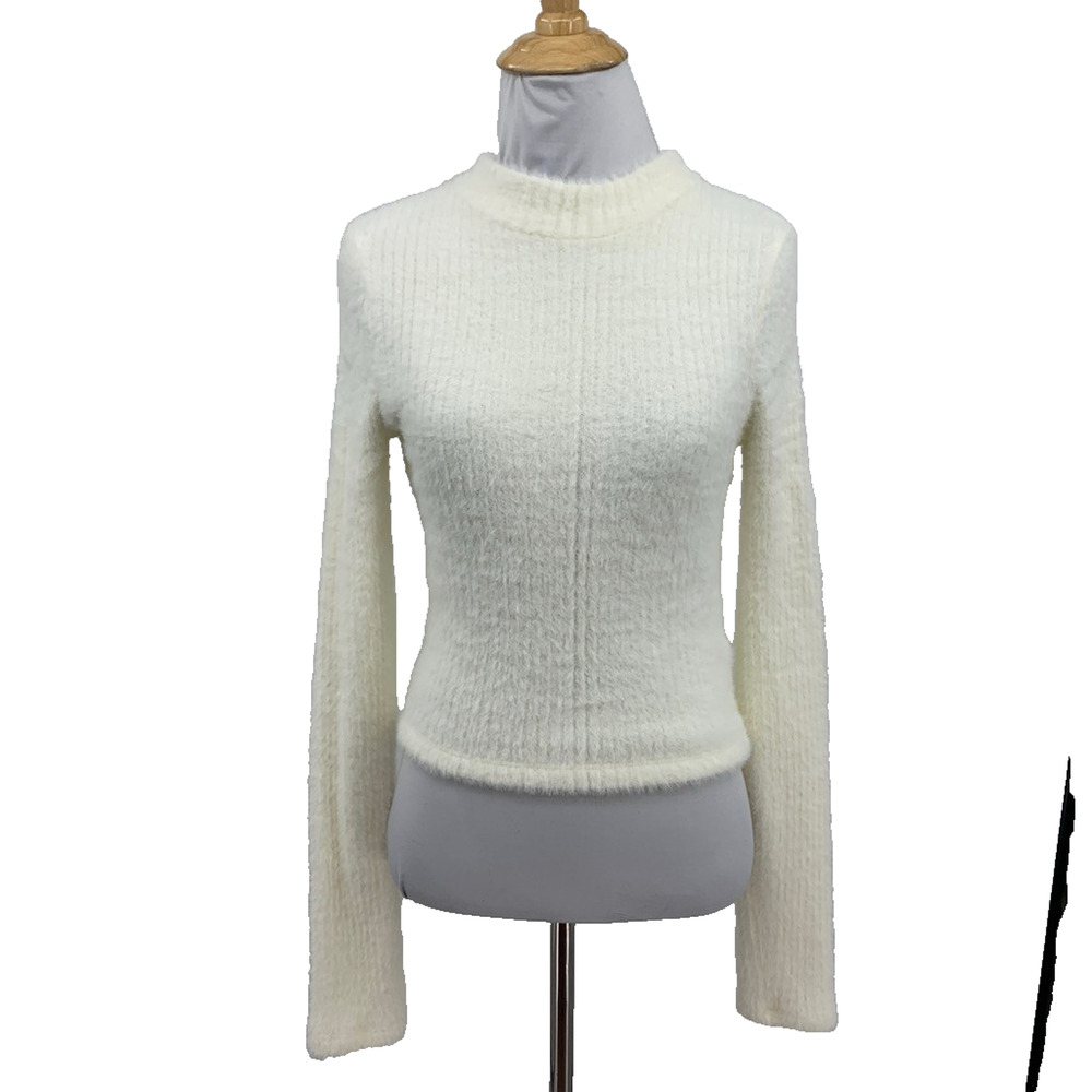 Anthropologie Sweater Womens S Small Ivory Fuzzy Knit Mock Neck Cropped Pullover